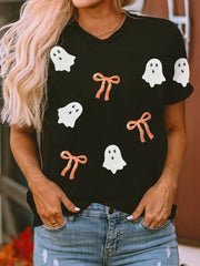HALLOWEEN Women's Ghost & Bow Sequin Drop Shoulder Sweatshirt
