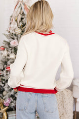 Women's White Christmas Plaid Tree Applique Round Neck Loose Sweater