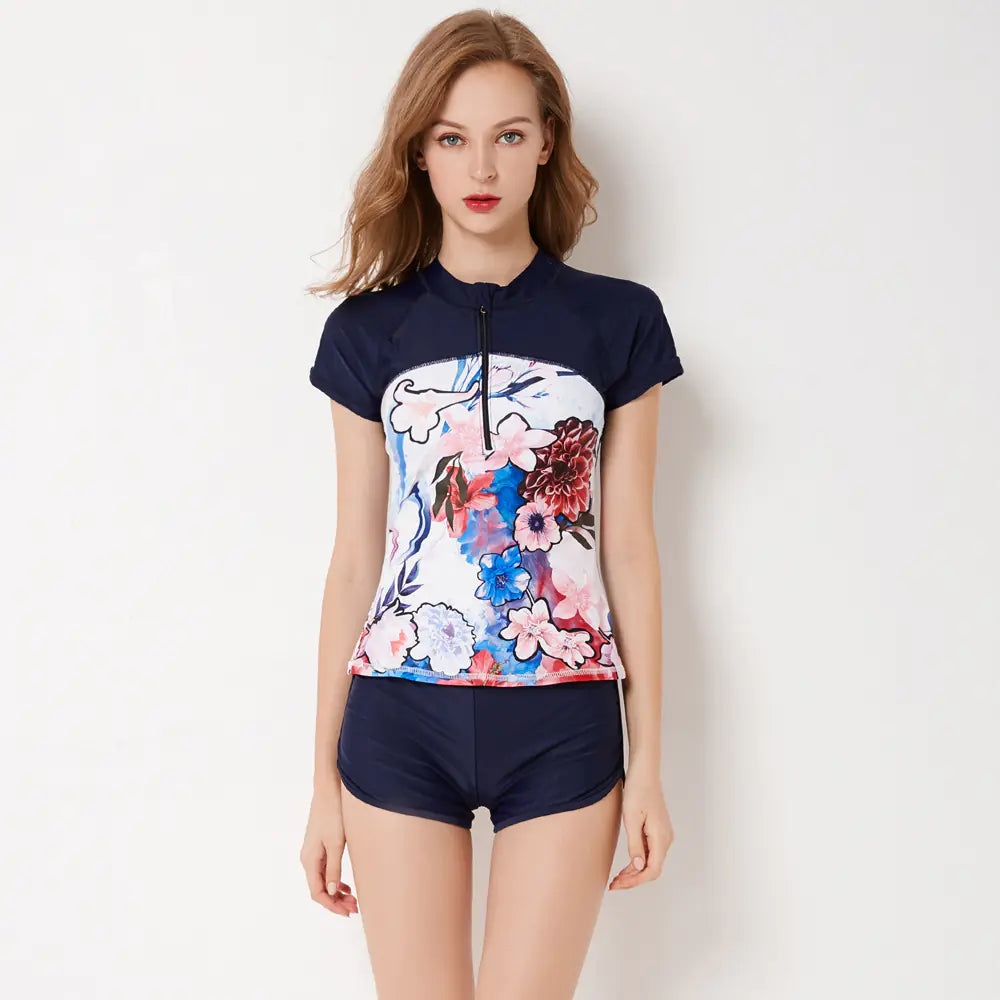 Women's Short Sleeve Two-Piece Rash Guard with Swim Shorts