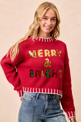 CHRISTMAS Women's 'Merry & Bright' Sequin Lettering Sweater
