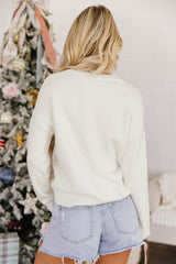 Women's White 'Merry and Bright' Christmas Tree Bow Drop Shoulder Knit Sweater