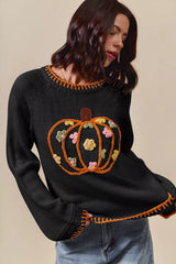 AUTUMN Women's Floral Pumpkin Embroidered Sweater