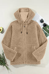 Women's Fleece Zip Up Drawstring Hooded Pocketed Jacket