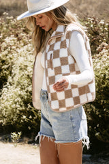 Women's Checkered Sherpa Collared Jacket Vest
