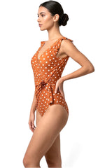 Women's One-Piece Swimsuit - Brick/White Dot