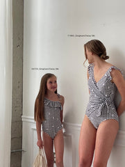 Girl's One-Piece Swimsuit - Gingham Daisy Black