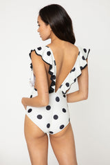 Women's Deep-V One-Piece Swimsuit - Cream/Black Polka Dot