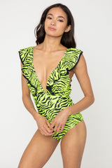 Women's Deep-V One-Piece Swimsuit - Zebra Green/Black