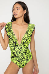 Women's Deep-V One-Piece Swimsuit - Zebra Green/Black