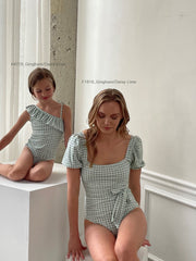 Women's Short Sleeve One-Piece Swimsuit - Mint/Gingham Daisy
