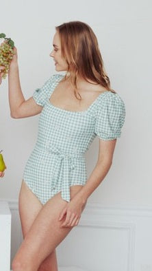 Women's Short Sleeve One-Piece Swimsuit - Mint/Gingham Daisy