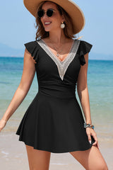 Women's Black Ruffled Short Sleeve Lace Trim V-Neck One-Piece Swim Dress