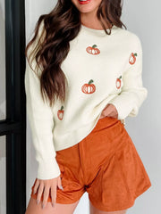 AUTUMN Women's Pumpkin Embroidered Round Neck Long Sleeve Sweater