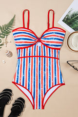 Women's Spaghetti Strap One-Piece Swimsuit with Cutout - Red, White & Blue Stripes