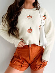 AUTUMN Women's Pumpkin Embroidered Round Neck Long Sleeve Sweater
