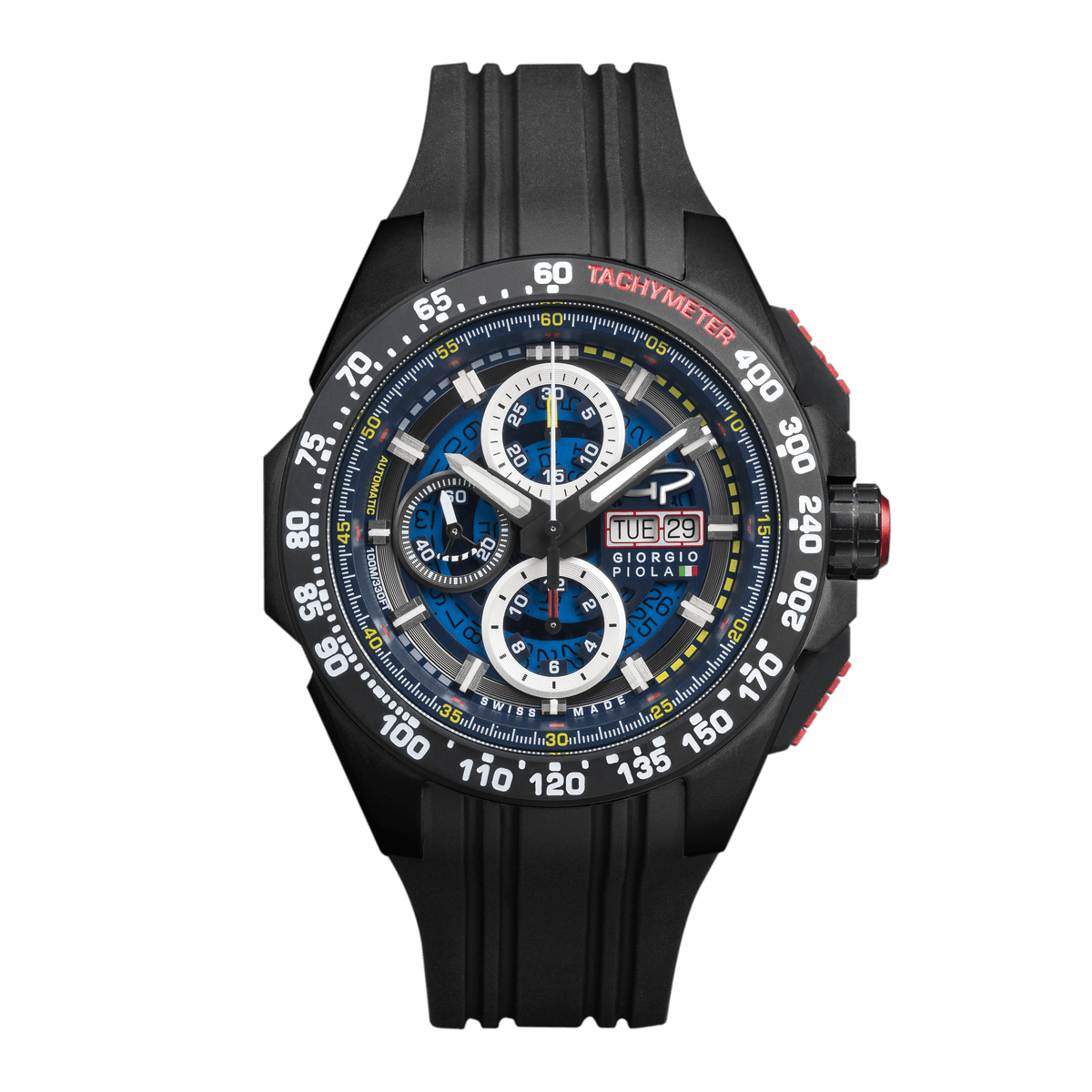 Giorgio Piola Design Men's G5 Delta Automatic Titanium Swiss Sport Chrono Watch (Black PVD Coating) - Blue Dial, Black Strap/Case - 100m