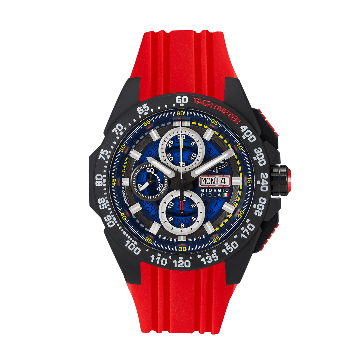 Giorgio Piola Design Men's G5 Delta Automatic Titanium Swiss Sport Chrono Watch (Black PVD Coating) - Blue Dial, Red Strap - 100m