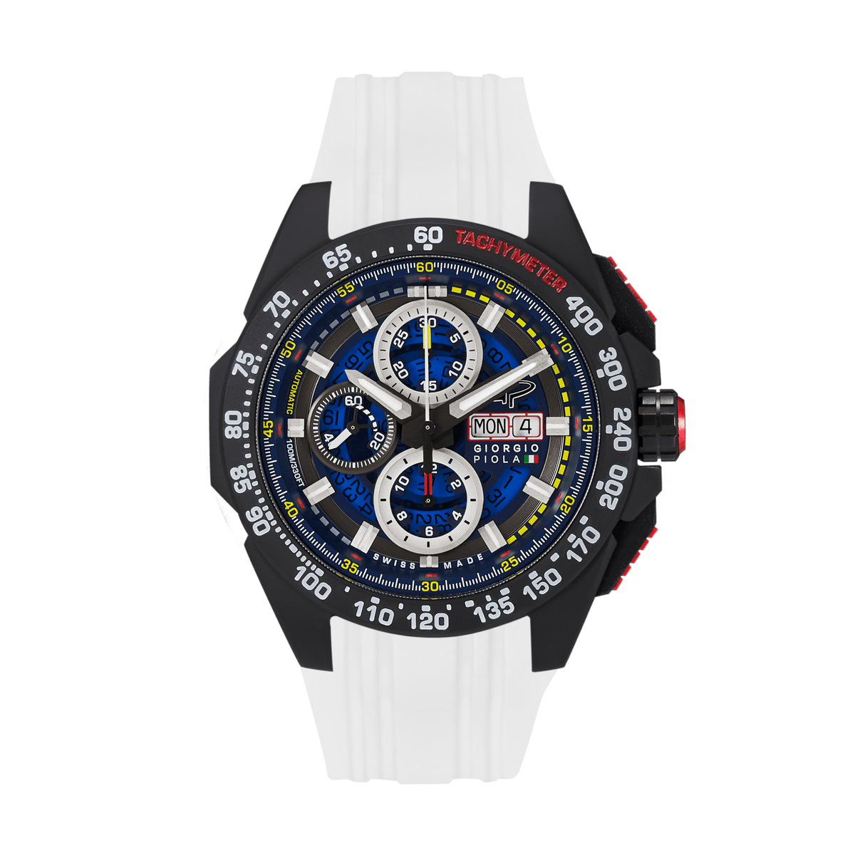 Giorgio Piola Design Men's G5 Delta Automatic Titanium Swiss Sport Chrono Watch (Black PVD Coating) - Black Dial, White Strap - 100m