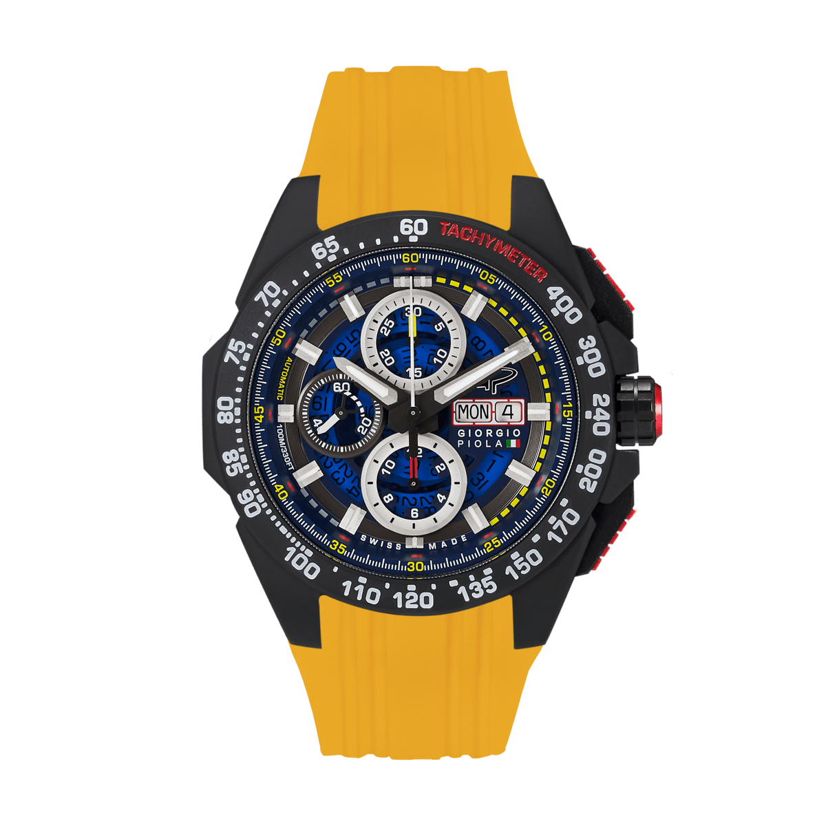 Giorgio Piola Design Men's G5 Delta Automatic Titanium Swiss Sport Chrono Watch (Black PVD Coating) - Black Dial, Yellow Strap - 100m