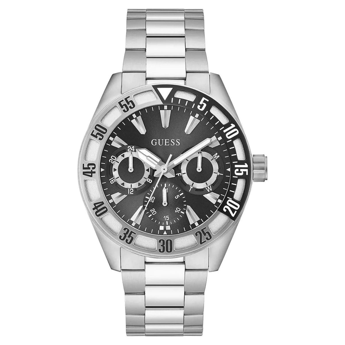 Guess Men's Letterman - Black Dial, Silver Bracelet - 50m