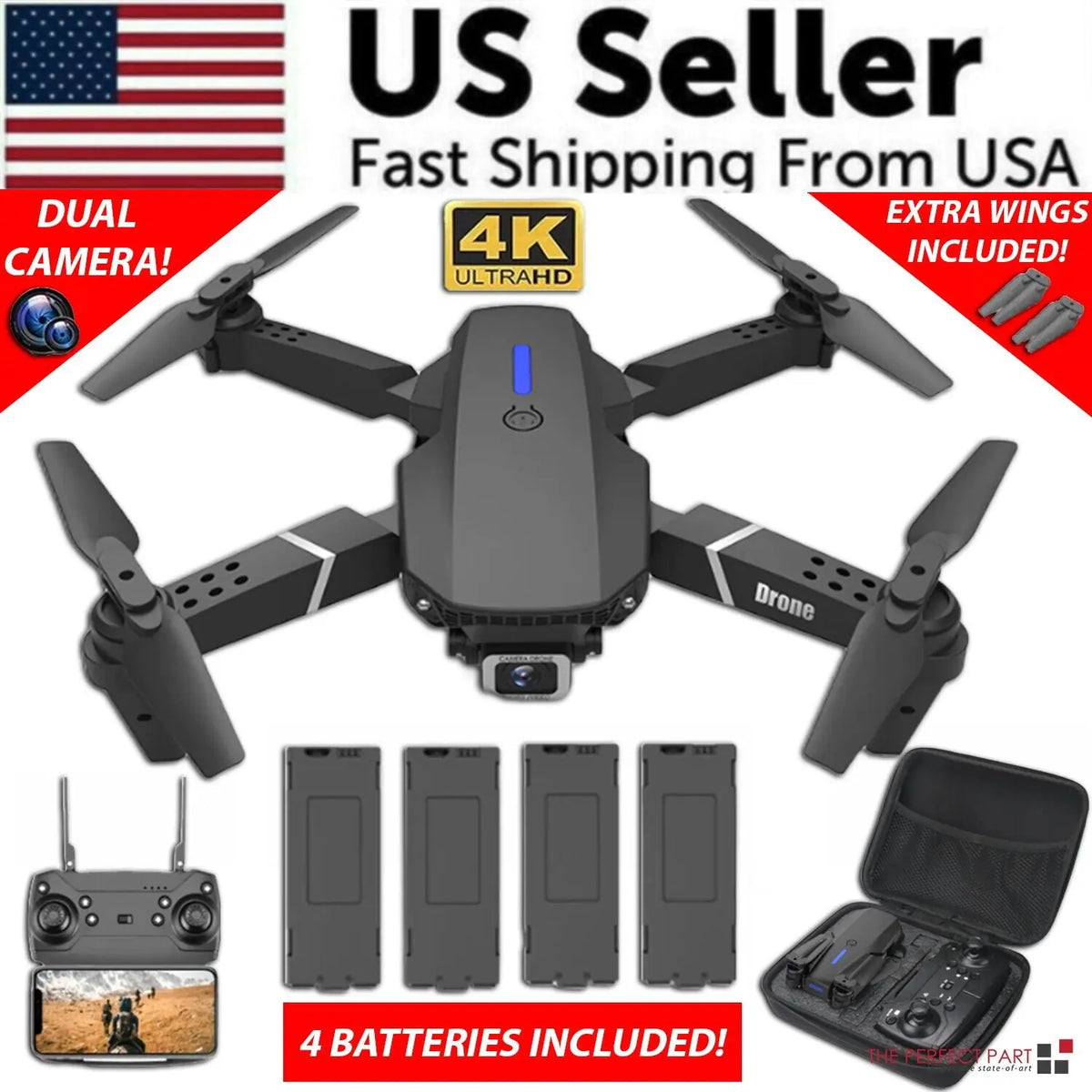 Anti Spier RC Drone With 4K HD Dual Camera WiFi FPV Foldable Quadcopter +4 Battery