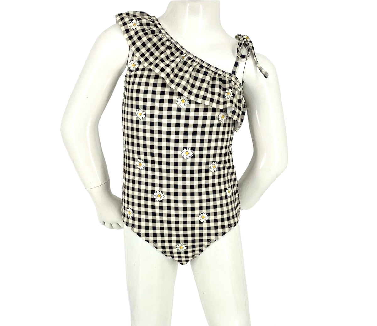 Girl's One-Piece Swimsuit - Gingham Daisy Black