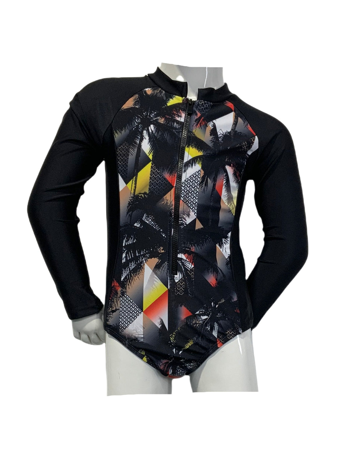 Girl's Long Sleeve One-Piece Rash Guard - Dark Grid