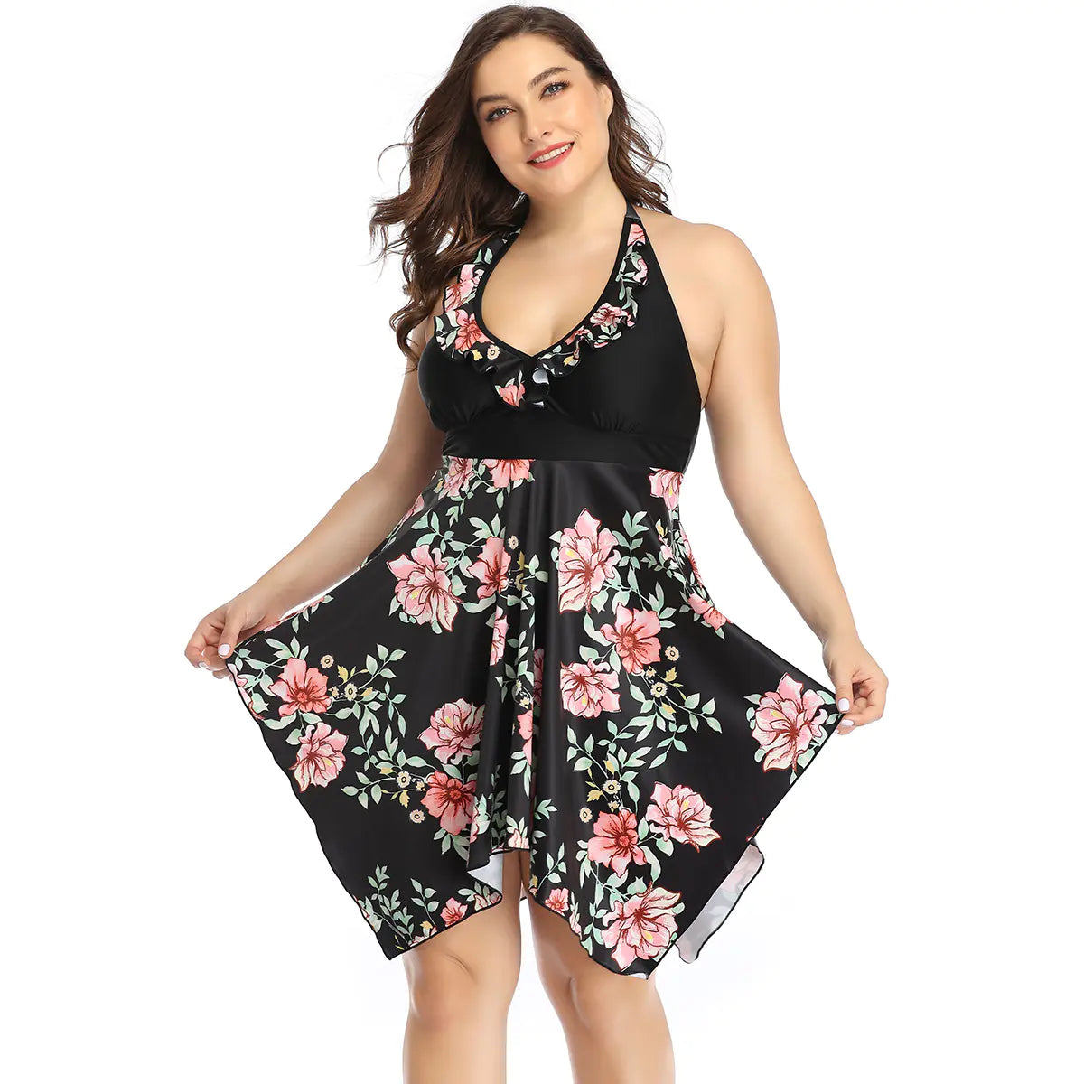 Women's Plus Size Two-Piece Tankini Swimsuit with Skirted Top & Swim Shorts