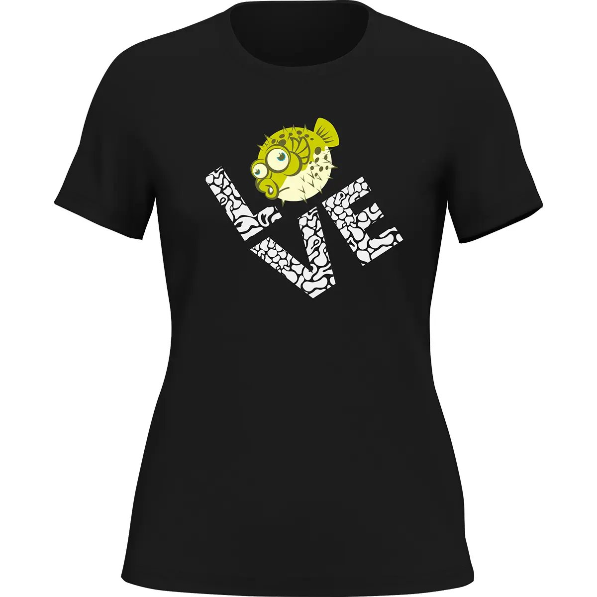 Outdoorzees Women's Love Fishing Green Blowfish Globe T-Shirt