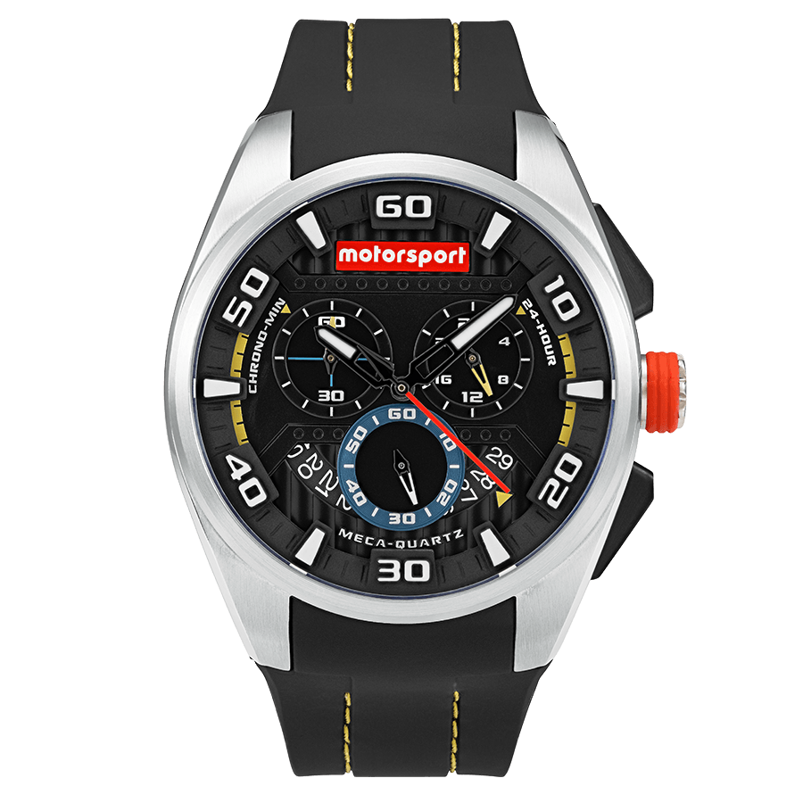 Motorsport Men's Burnout - Black Dial, Black/Yellow Strap - 100m