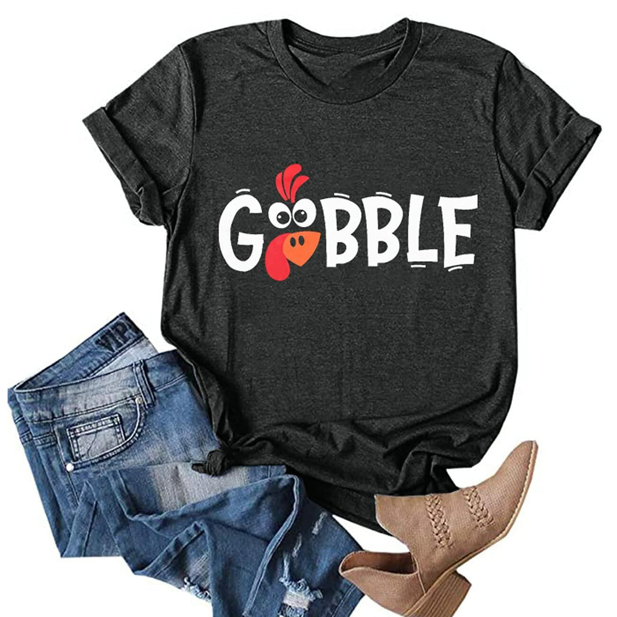 THANKSGIVING Women's 'Gobble' Turkey Graphic T-Shirt - Size M