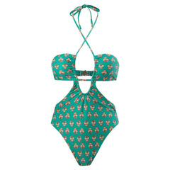 Women's Hawaiian One-Piece Halter Swimsuit with Wrap Skirt Cover-Up