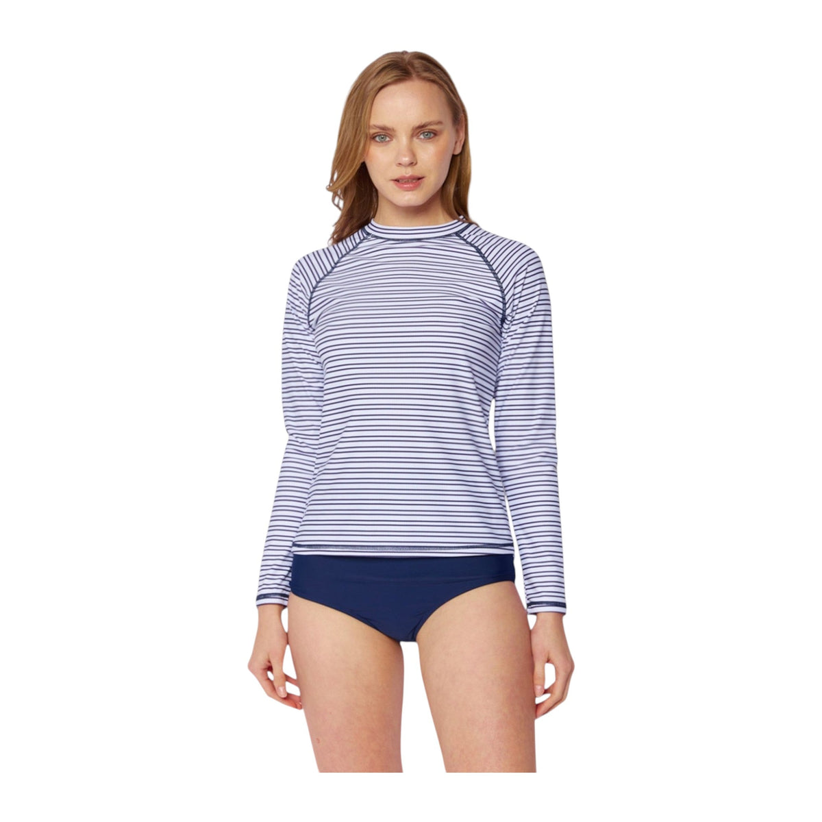 Women's Long Sleeve Rash Guard with High Waist Bottoms Two-Piece Bikini Swimsuit - Navy/White Stripe