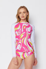 Girl's Long Sleeve Rash Guard Two-Piece Tankini Swimsuit - Swirl Pink