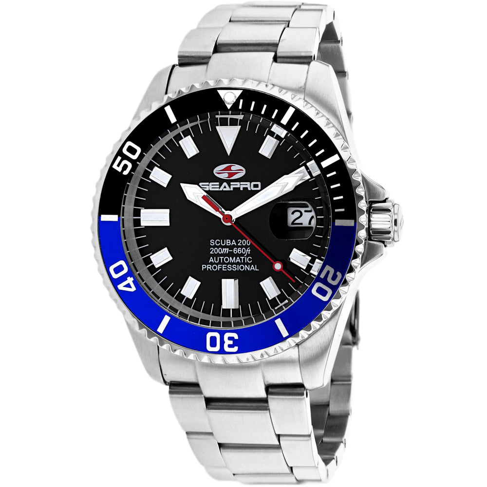 Seapro Men's Scuba 200 - Black Dial, Silver Case/Bracelet, Black/Blue Bezel - 200m