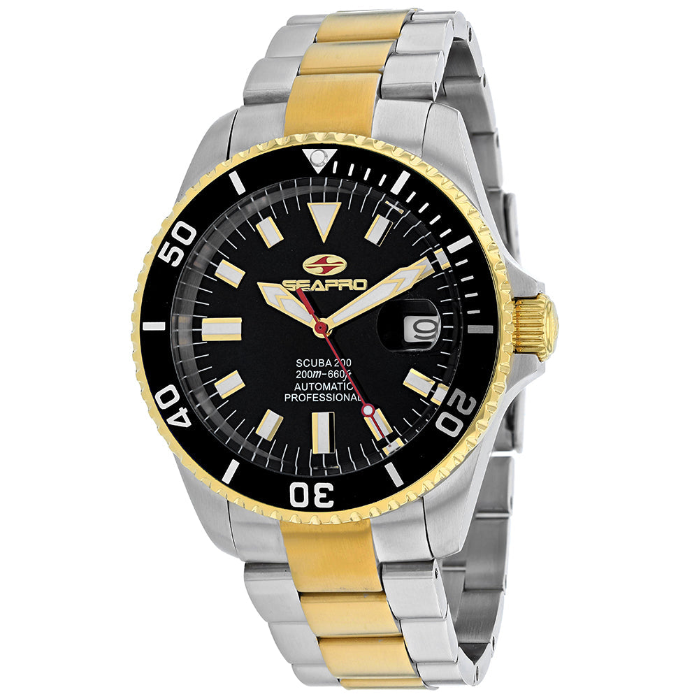 Seapro Men's Scuba 200 - Black Dial, Silver Case, Silver/Gold Bracelet - 200m