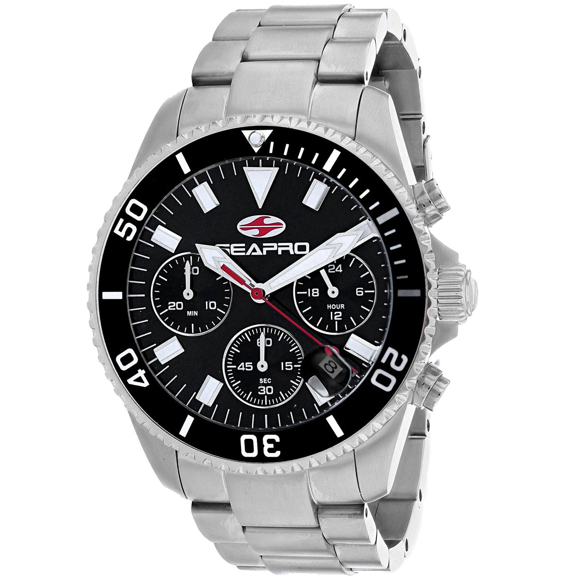 Seapro Men's Scuba 200 Chrono - Black Dial/Bezel, Silver Case/Bracelet - 200m