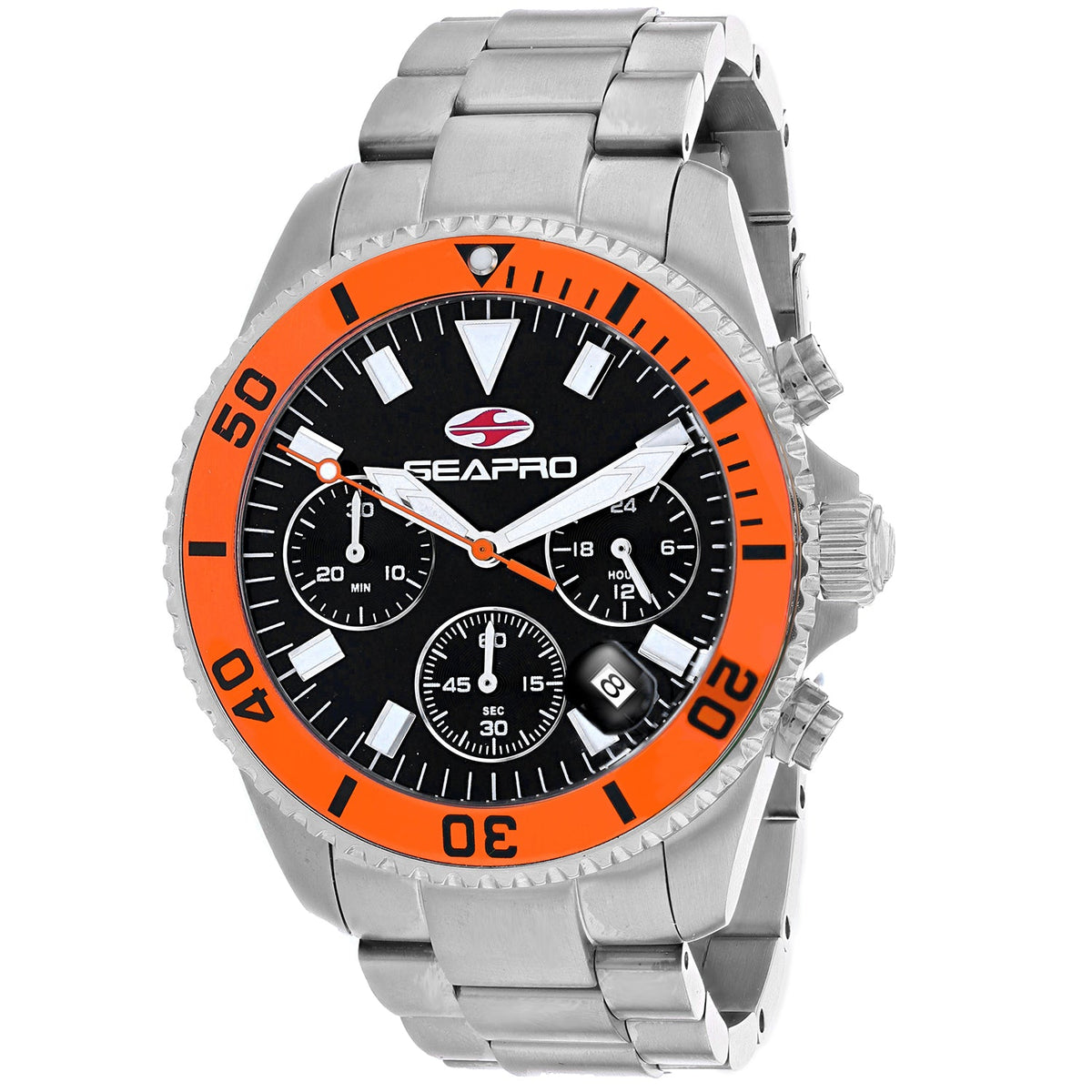 Seapro Men's Scuba 200 - Black Dial, Silver Case/Bracelet, Orange Bezel - 200m