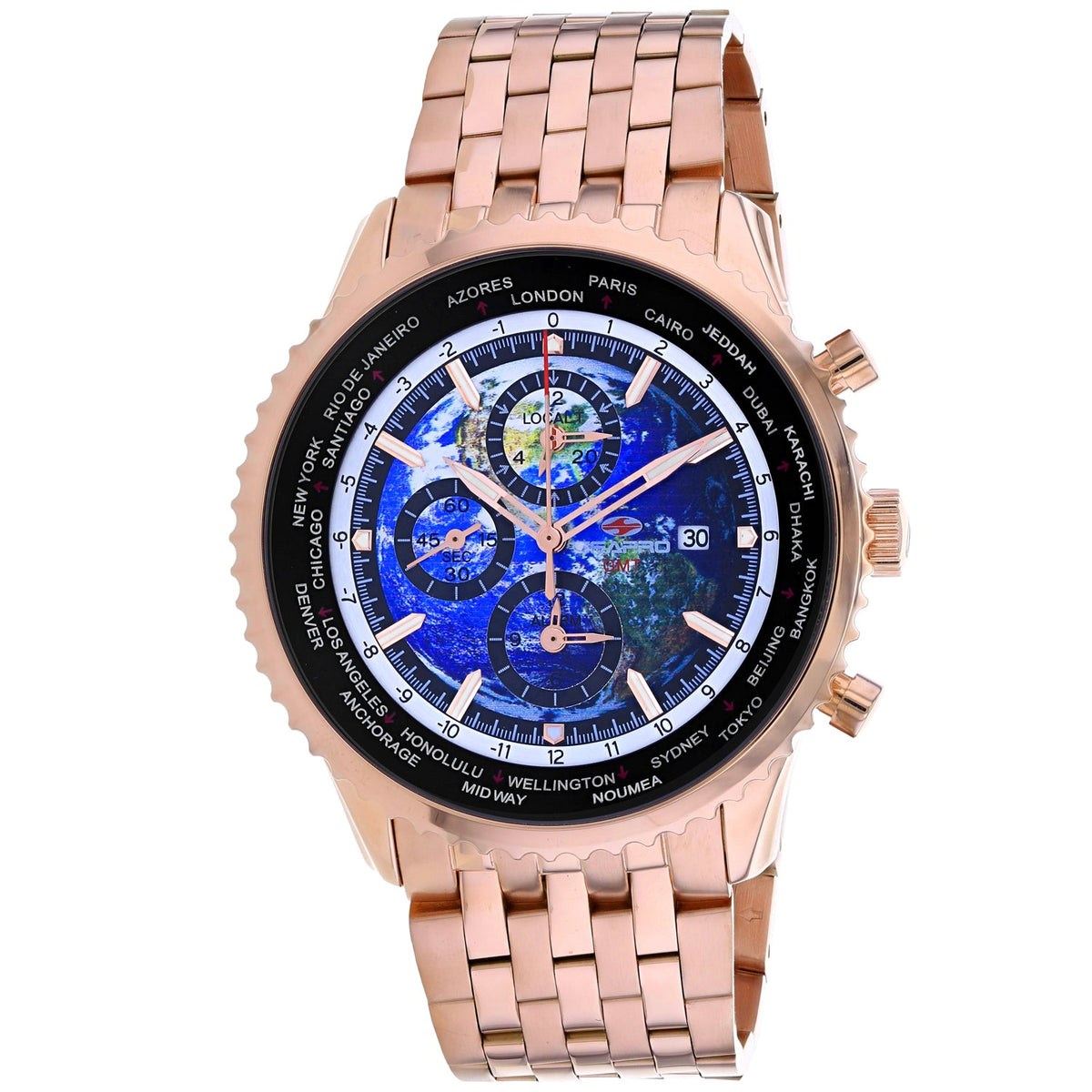 Seapro Men's Meridian World Timer GMT - Blue Dial, Rose Gold Bracelet - 100m
