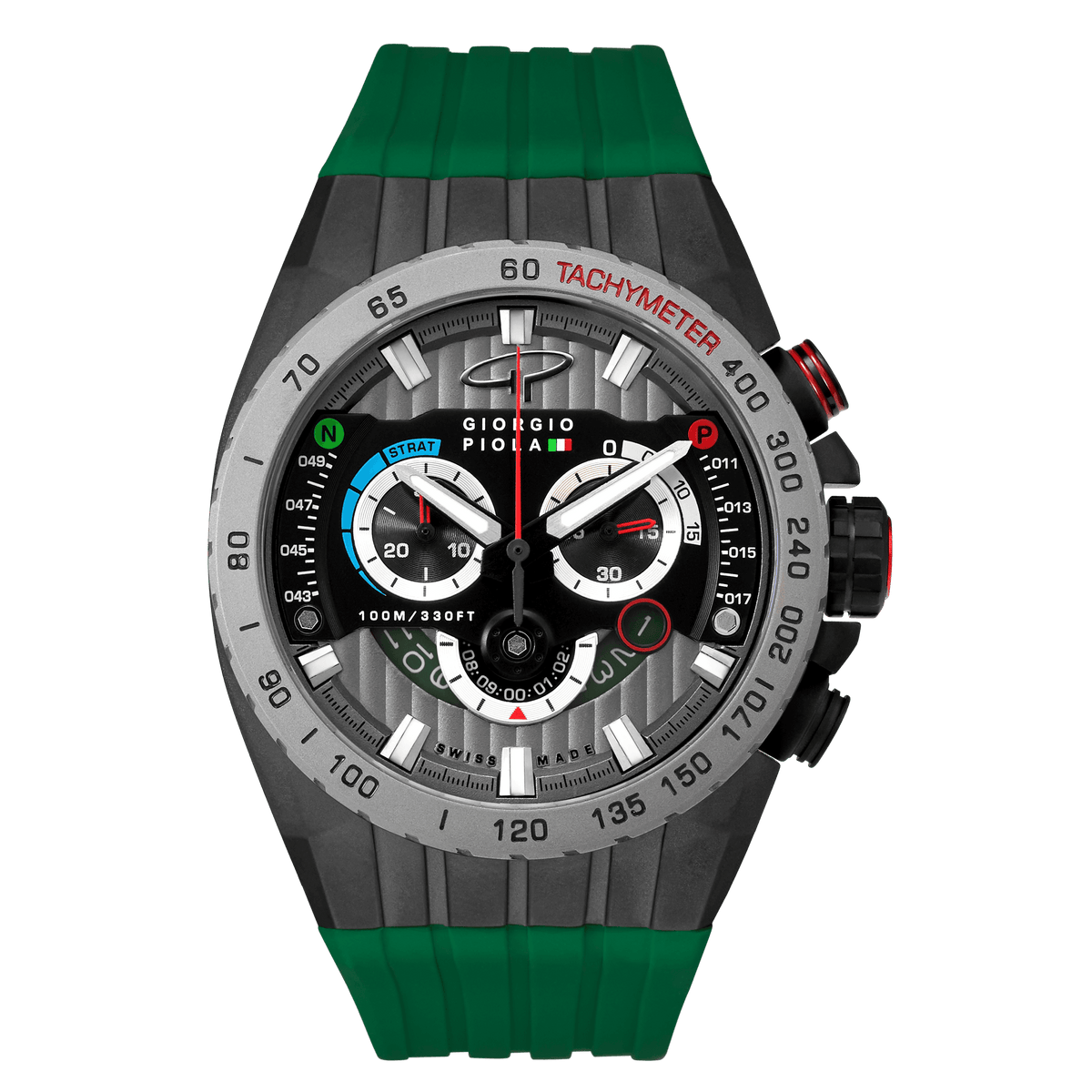 Giorgio Piola Design Men's Speedtrap Swiss Sport Chrono Watch - Black Dial, Green Strap - 100m
