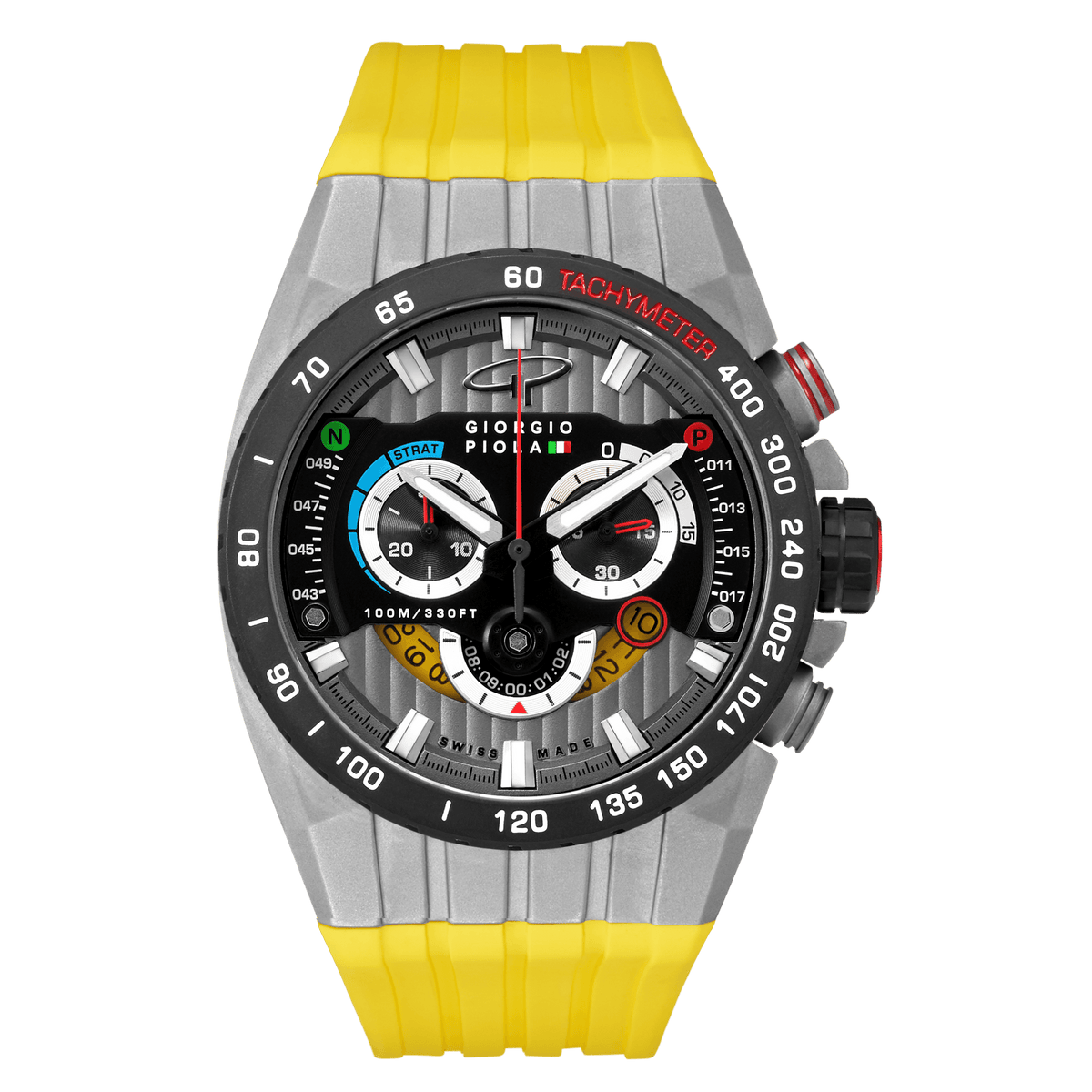 Giorgio Piola Design Men's Speedtrap Swiss Sport Chrono Watch - Black Dial, Yellow Strap -  100m