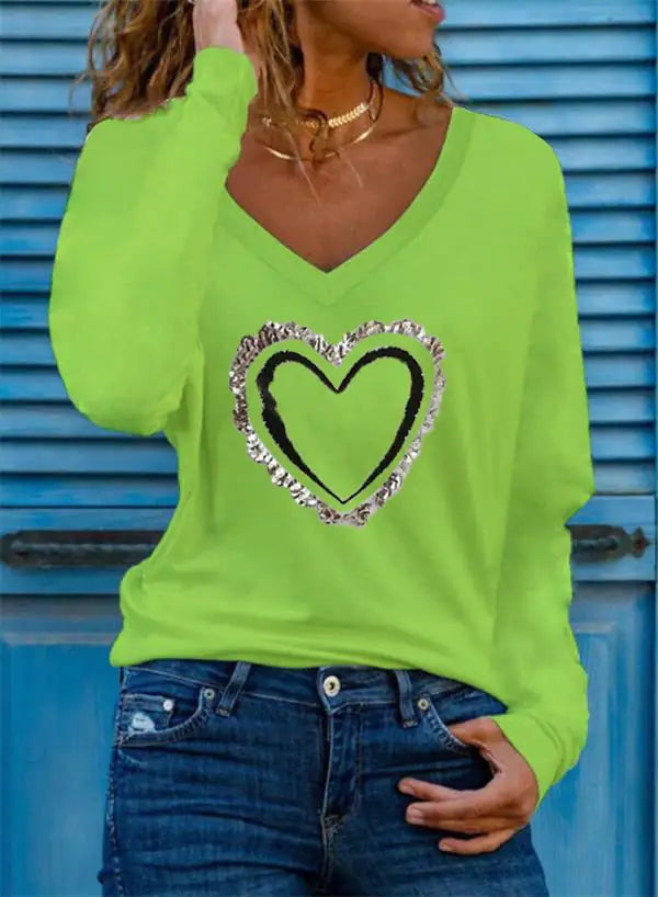 Women's Heart Pattern V-Neck Long-Sleeve T-shirt