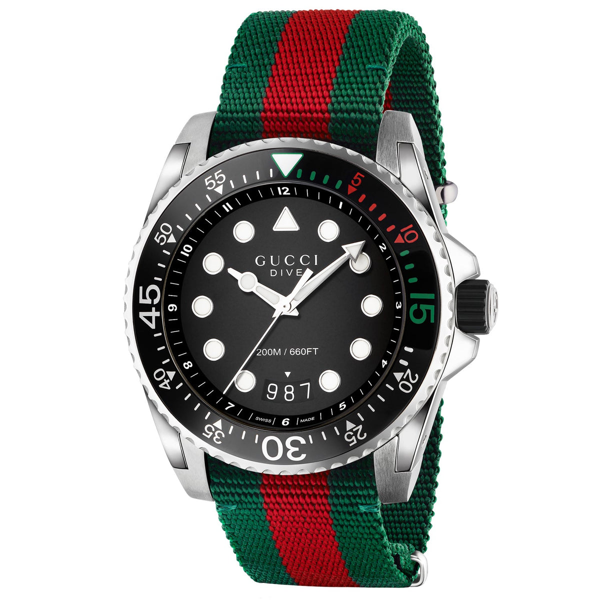 Gucci Men's Dive - Black Dial, Red/Green Canvas Strap - 200m